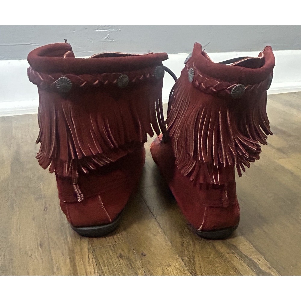 90s Minnetonka 429 Fringe ankle boots red suede leather Size 8 Moccasins - Picture 6 of 10